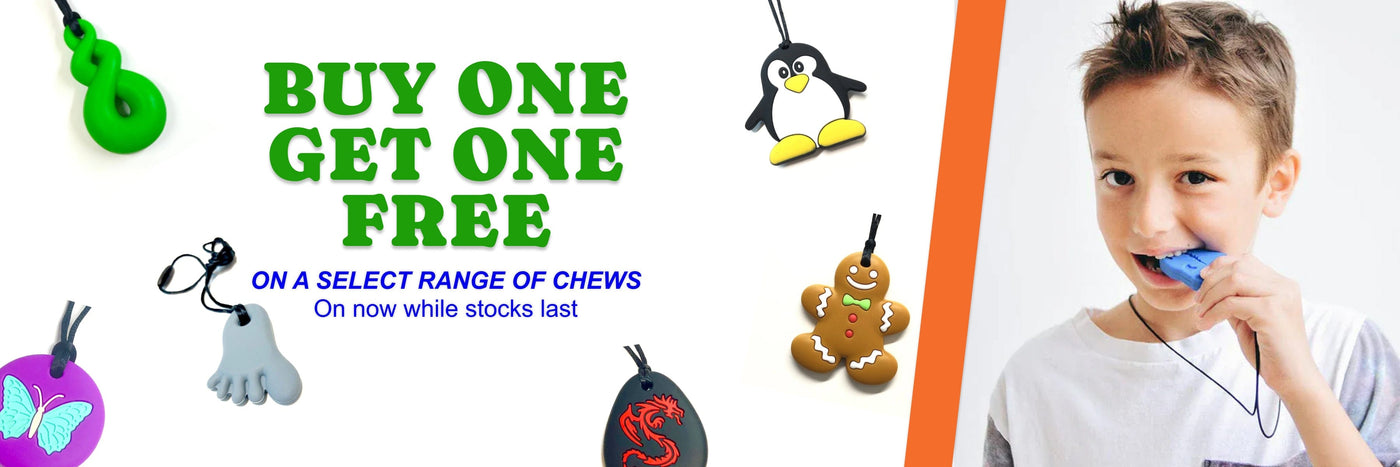 Promotional banner for chew toys with a boy using a chew toy, featuring text 'Buy One Get One Free'.