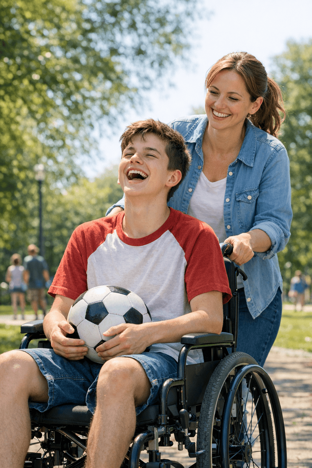 Boy in wheelchair with caregiver in the park