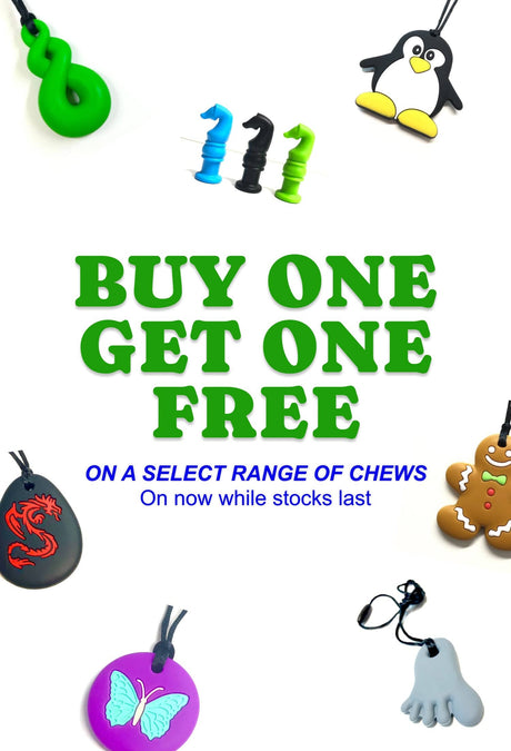 Promotional poster with colorful chew toys and 'Buy One Get One Free' text on a white background.